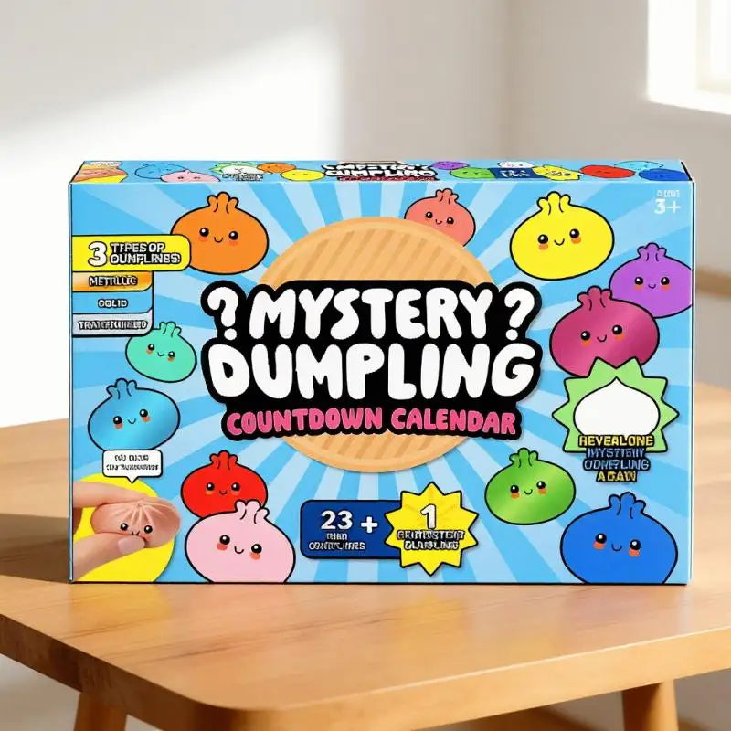 A box of Mystery Dumpling Countdown Calendar featuring colorful squishy toys and a large dumpling shape.