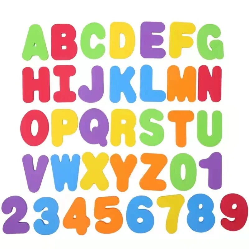 A colorful set of soft EVA bath letters and numbers for educational toys.