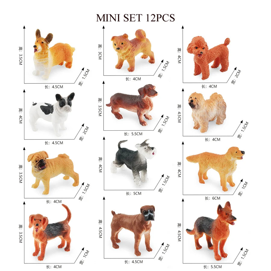 A set of 12 realistic animal figurines including a lion, dog, cat, and other farm and wildlife animals.