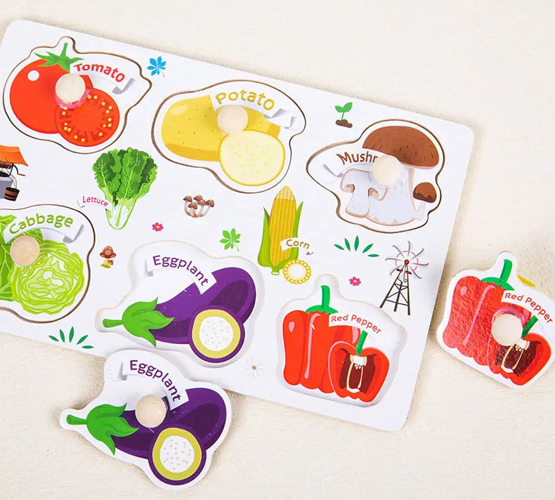 A wooden alphabet and number peg puzzle set featuring various colorful vegetables like tomato, potato, lettuce, eggplant, and