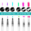 A set of 3 point tips and 3 flat tips watercolor brush pens in various colors