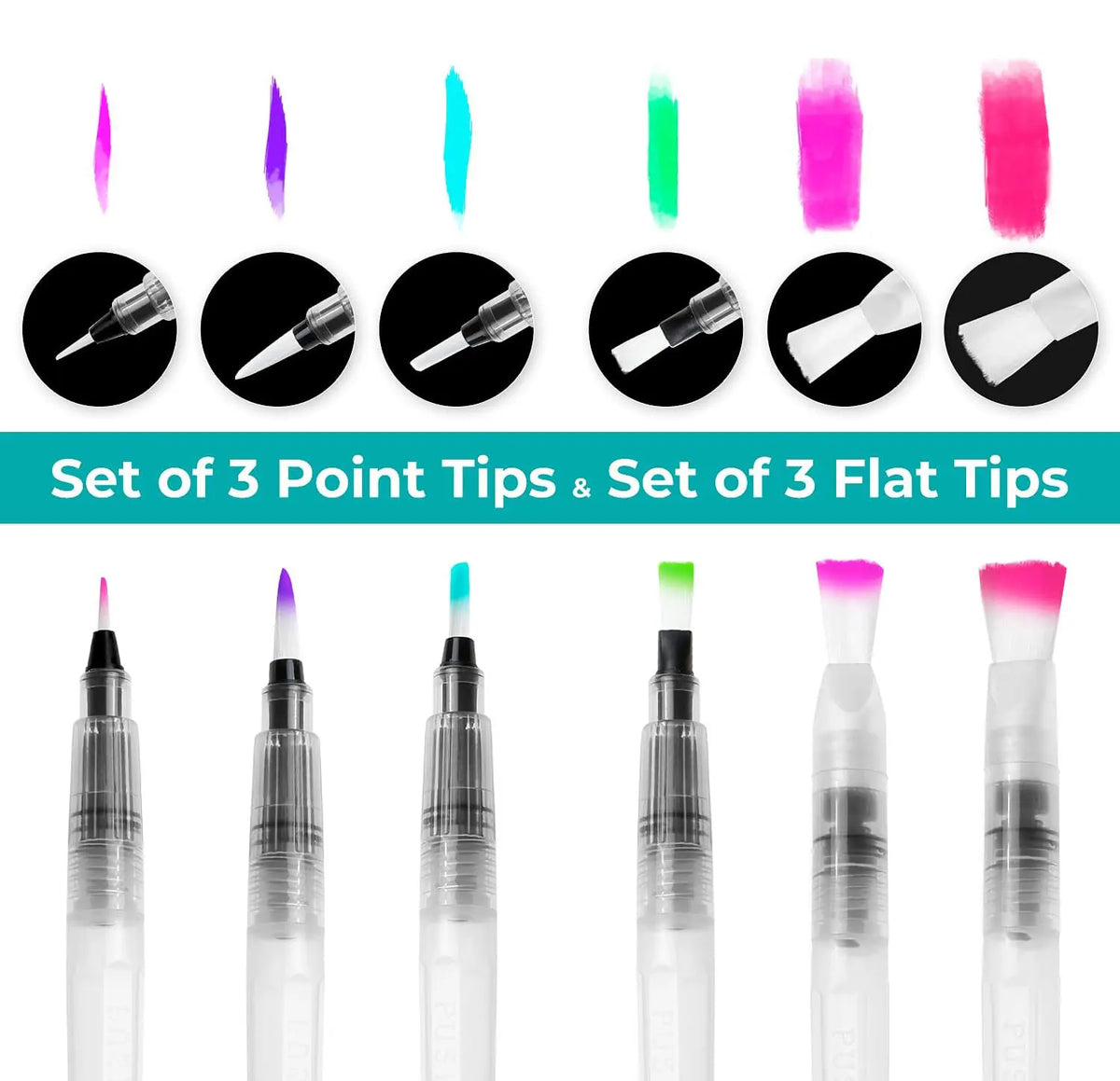 A set of 3 point tips and 3 flat tips watercolor brush pens in various colors