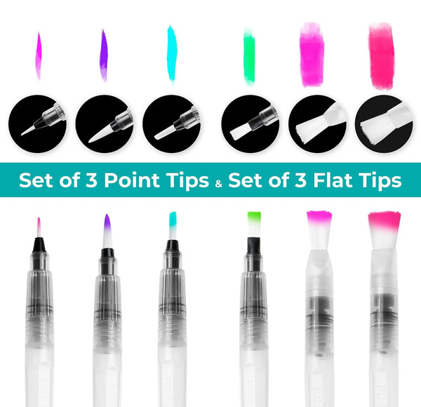 A set of 3 point tips and 3 flat tips watercolor brush pens in various colors