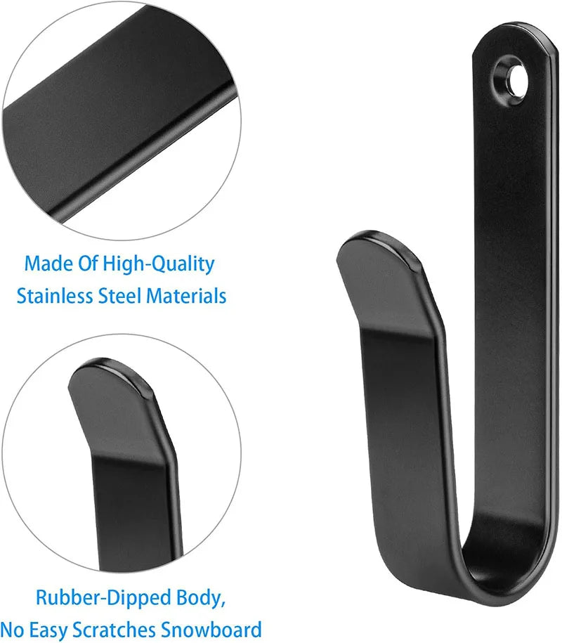 Black rubber-dipped wall mount clips for snowboarding, shown in various views.