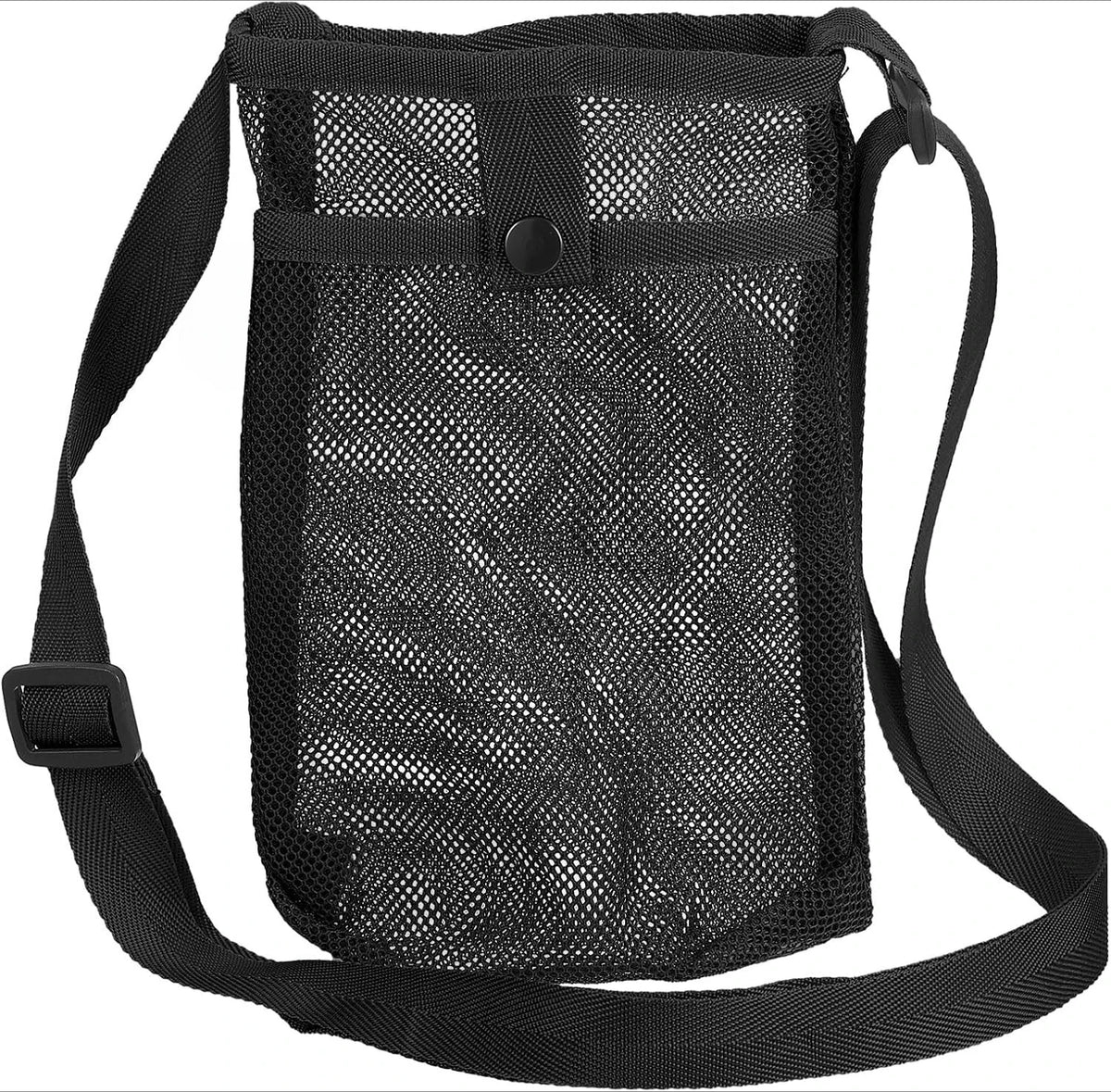 Black breathable mesh crossbody water bottle carrier with adjustable straps