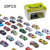 A set of 20 die-cast pull-back cars in various colors and designs displayed next to their storage case.