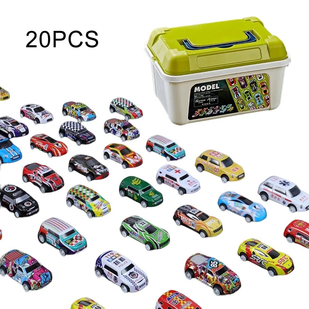 A set of 20 die-cast pull-back cars in various colors and designs displayed next to their storage case.