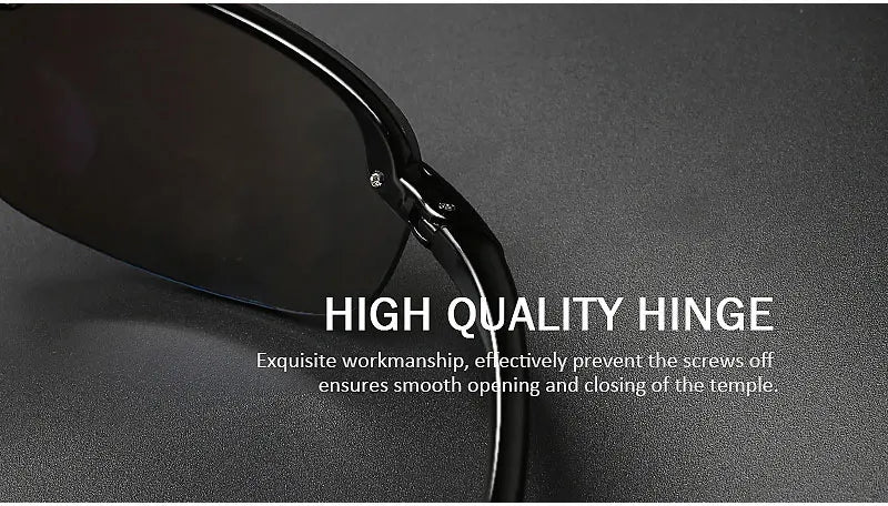 Close-up of a black rimless polarized sports sunglass showing a high quality hinge mechanism.