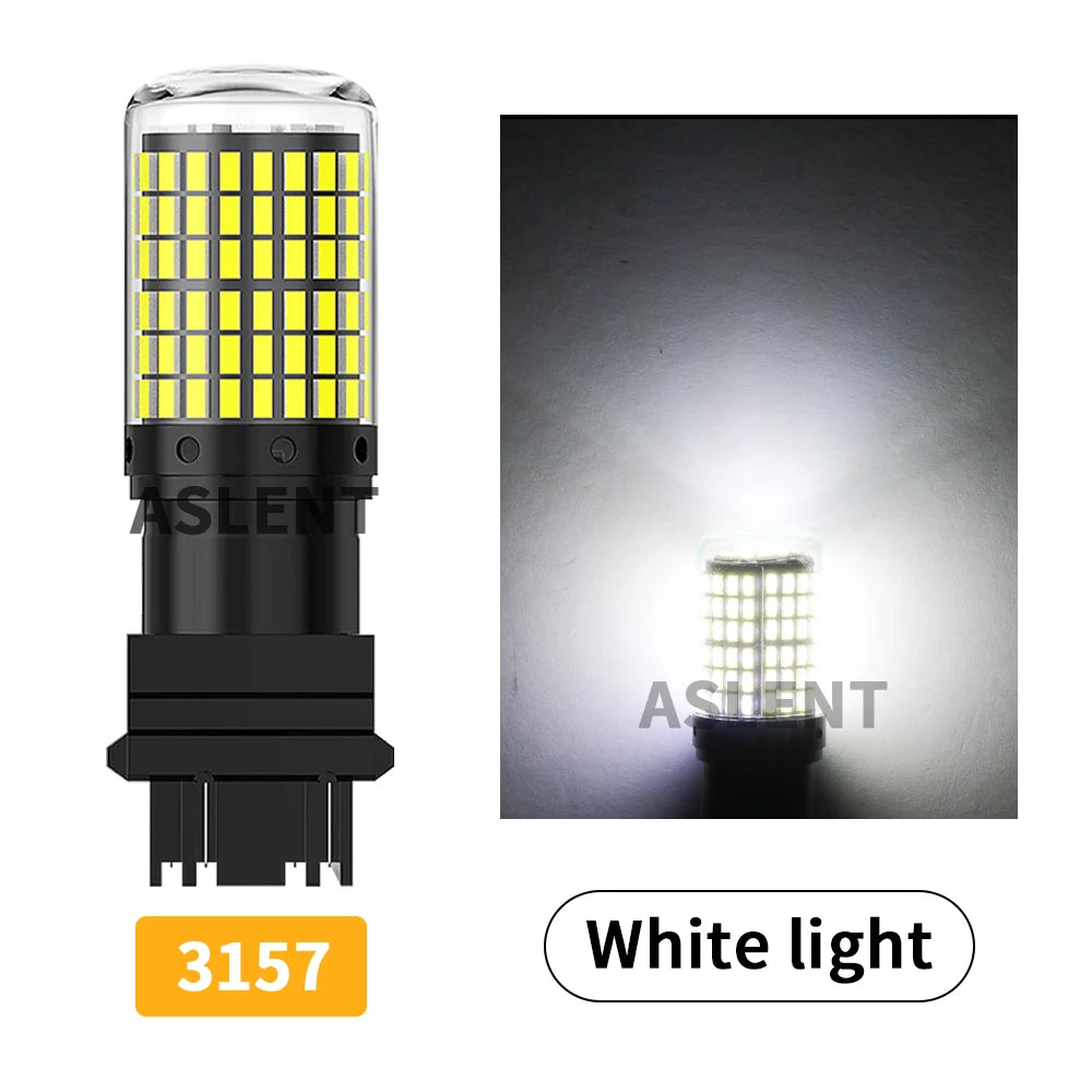 A bright white LED light bulb with a cylindrical shape and multiple yellow LEDs, shown next to a rendered light beam.