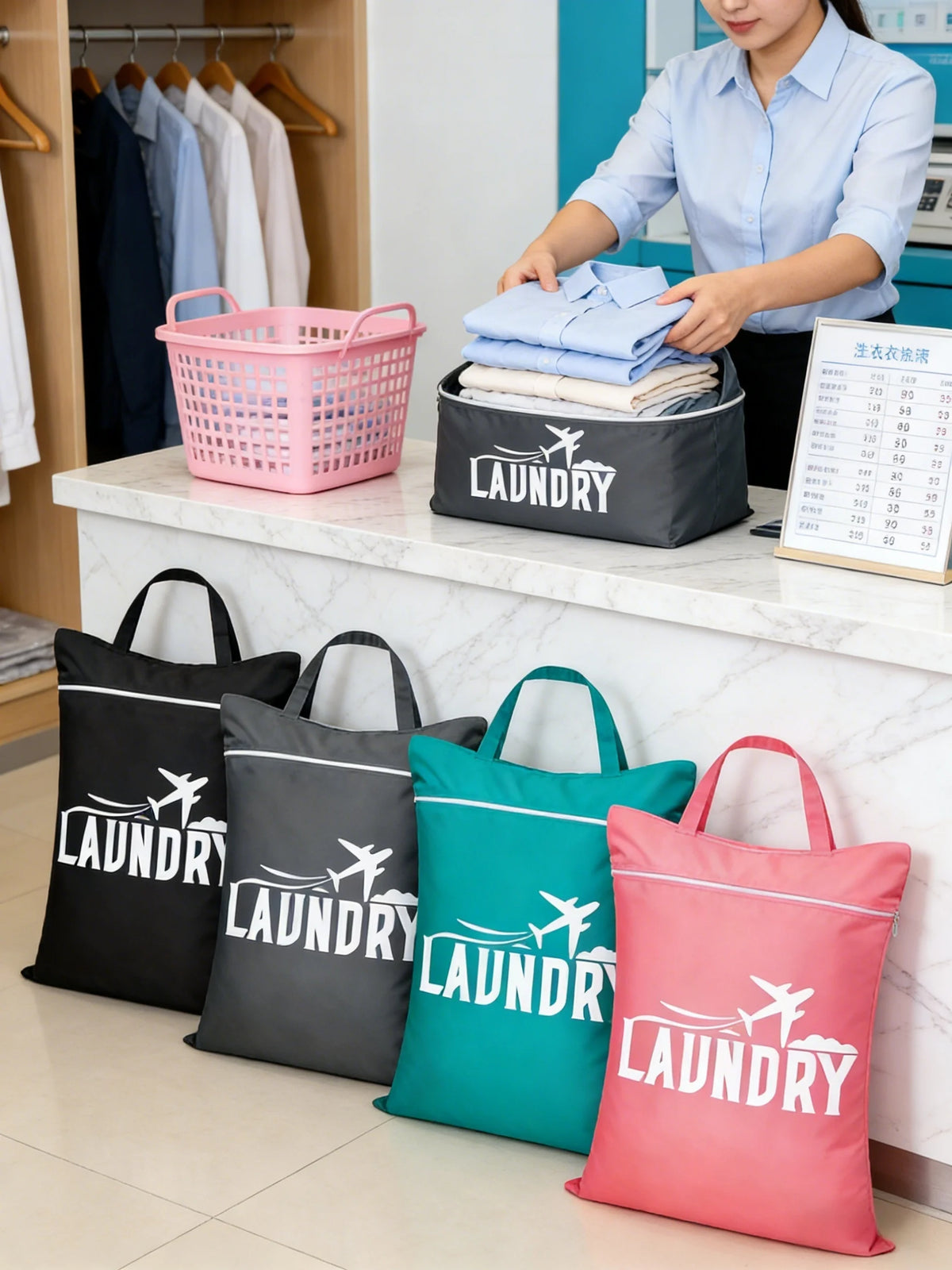 A woman is placing folded blue laundry into a black laundry bag on a counter, with several fabric laundry bags displayed belo