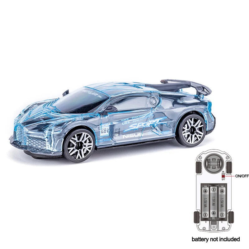 A clear blue police car toy with lights and sounds, shown from the side.
