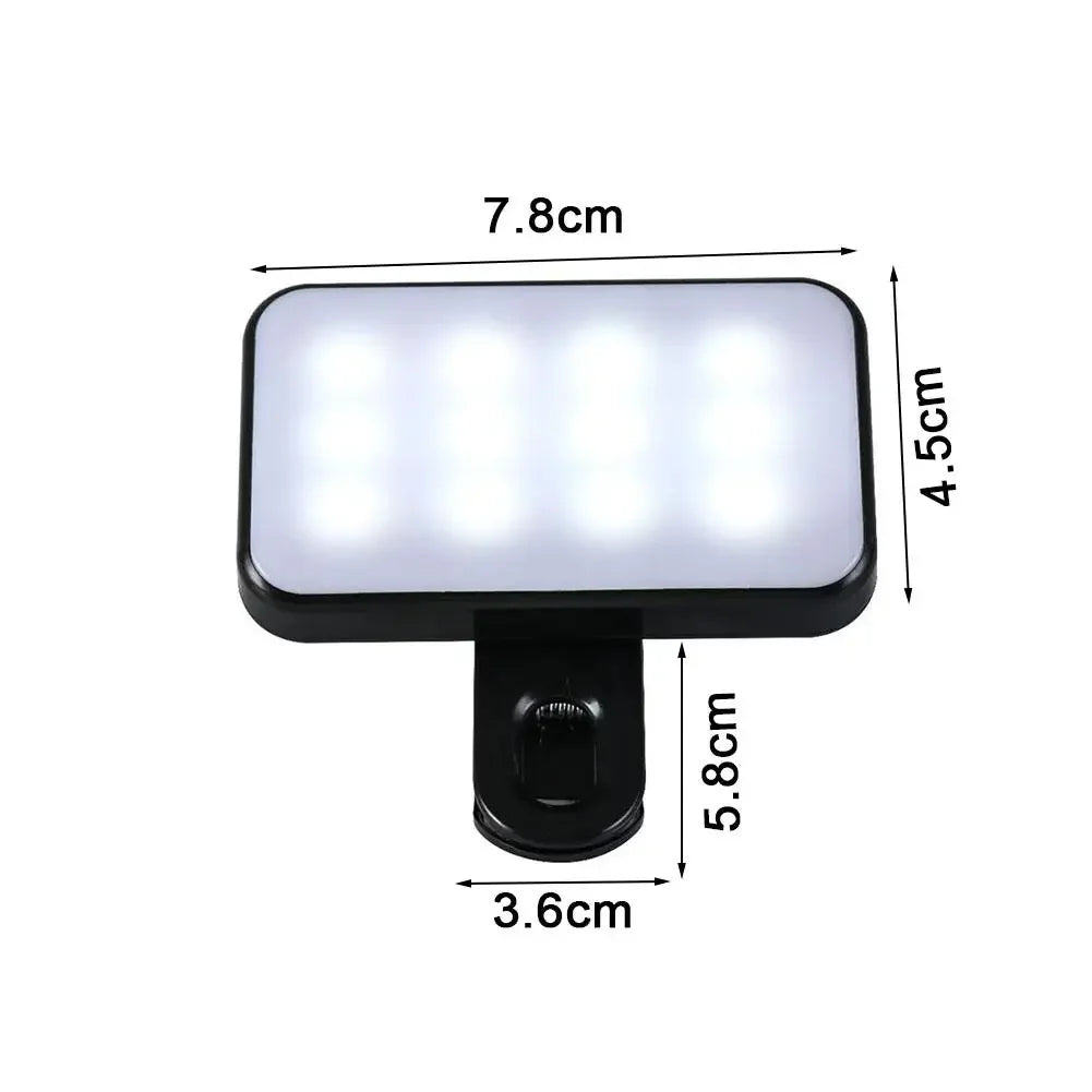 A rectangular clip-on LED fill light with multiple bright white LEDs, measuring 7.8cm by 5.8cm.