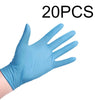 A hand wearing a light blue disposable nitrile glove is shown against a white background.