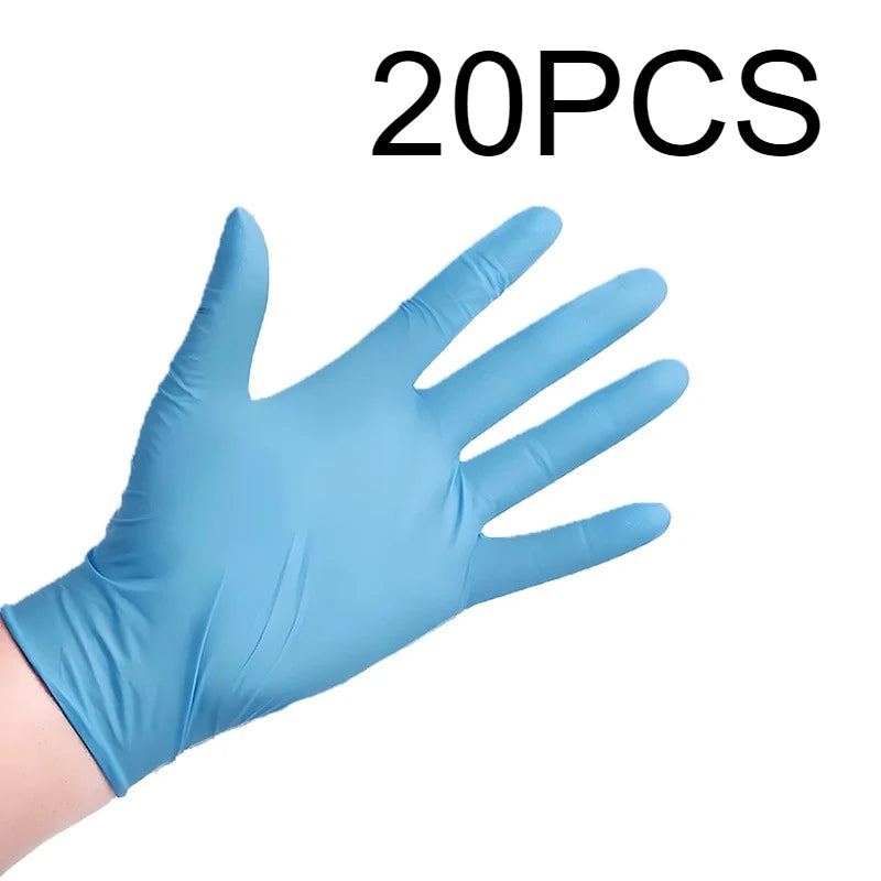 A hand wearing a light blue disposable nitrile glove is shown against a white background.
