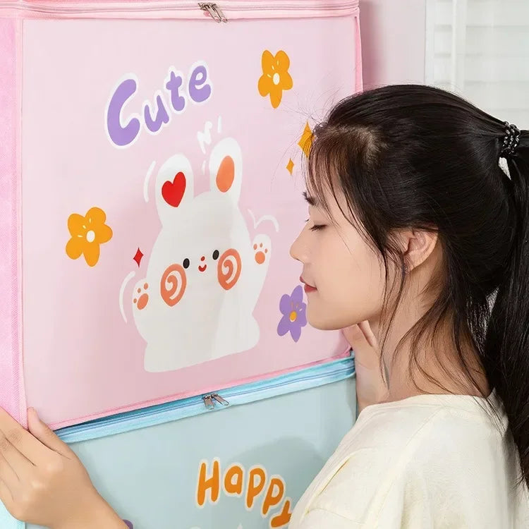 A young woman holds a pink foldable storage bag featuring a cute rabbit design and the word Cute.