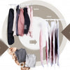 Hanging vacuum storage bags for clothes displayed on a rack, showing before and after storage.