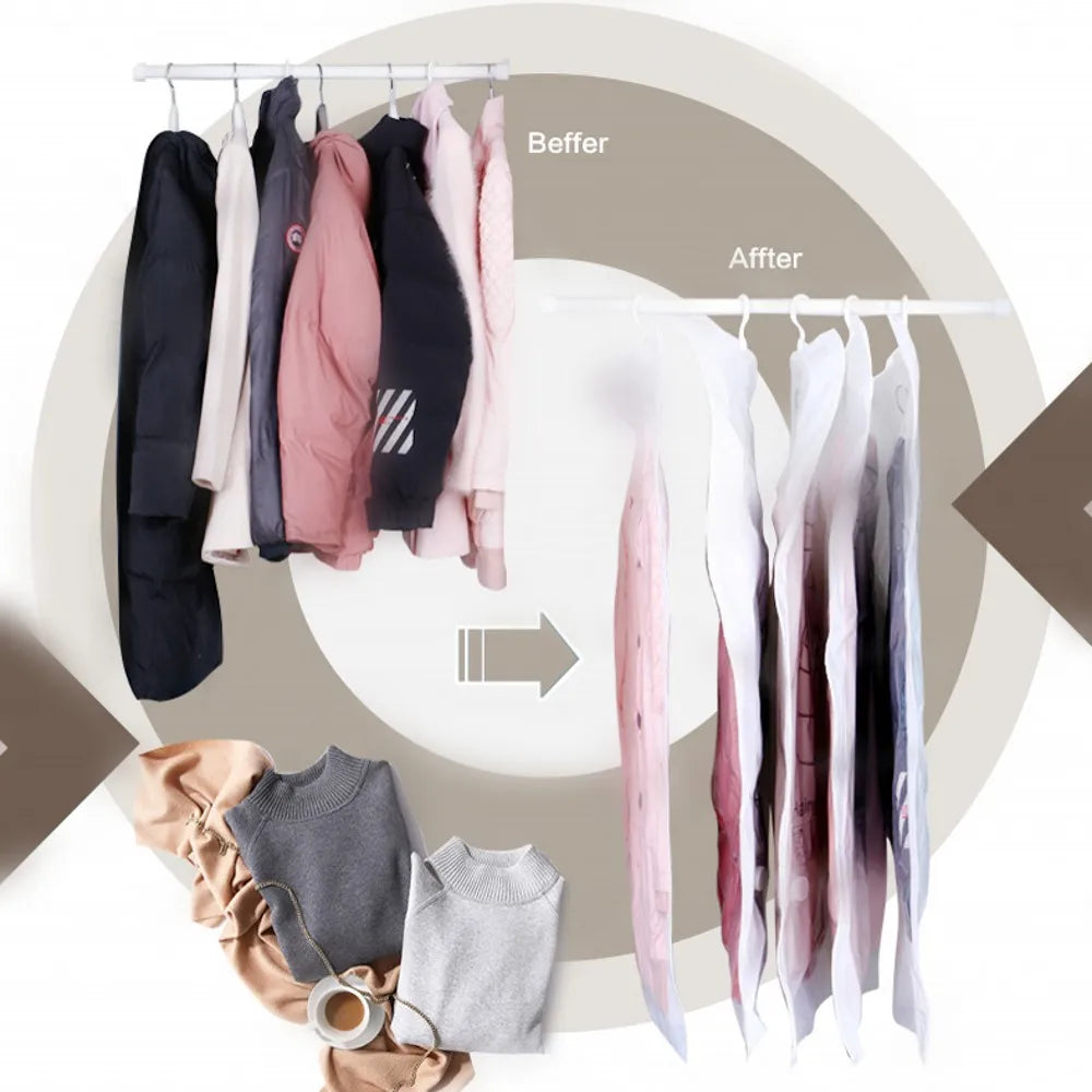 Hanging vacuum storage bags for clothes displayed on a rack, showing before and after storage.
