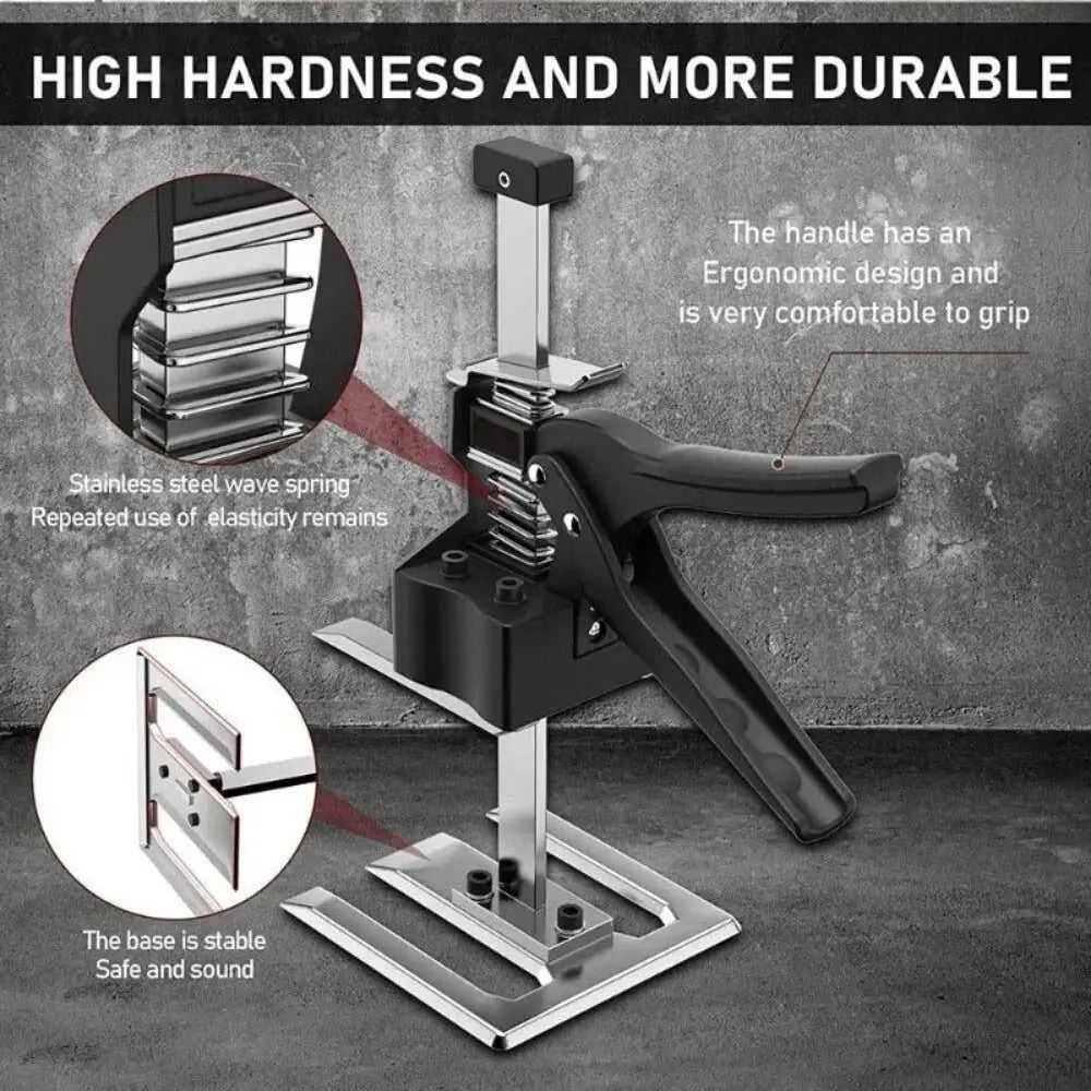 A black adjustable tile leveling lifter with a stainless steel wave spring and a stable base.
