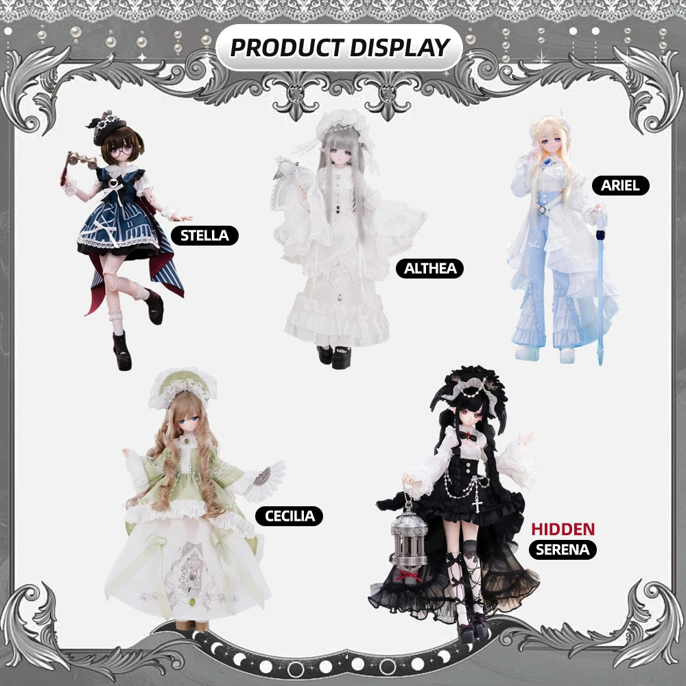 A display of Minty Feather Mist Poetry Series 1/6 BJD blind box dolls including Stella, Althea, Ariel, Cecilia, and Hidden Se