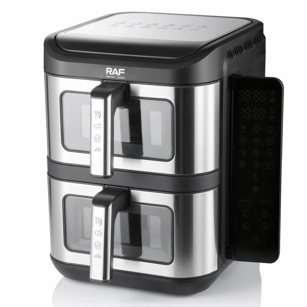 A silver and black dual basket air fryer with independent controls.