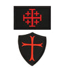 Black embroidered patch featuring a red Templar cross design on a shield shape.
