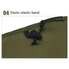 A close-up view of a olive green tactical MOLLE dump pouch with an elastic band drawstring closure.