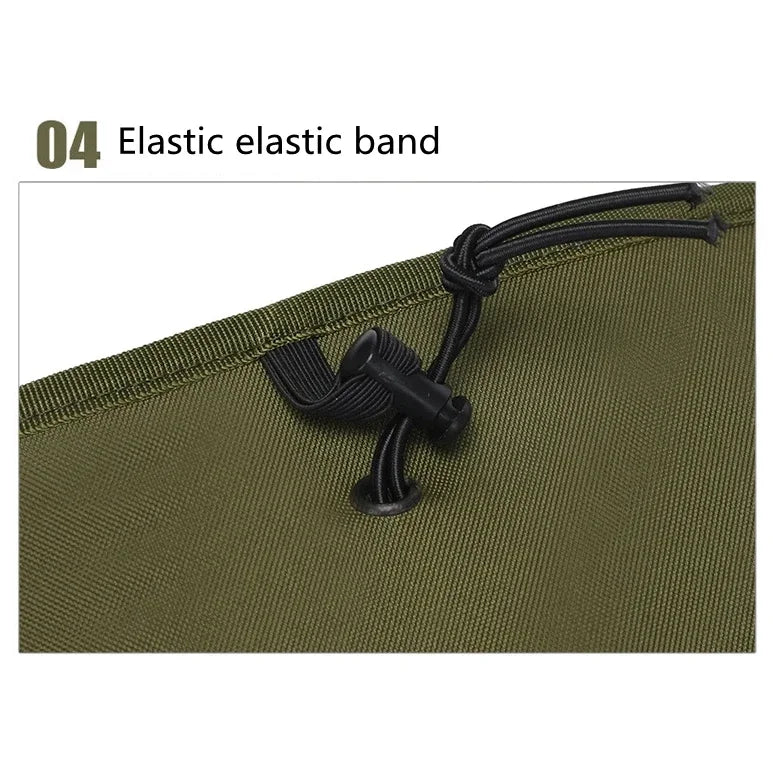 A close-up view of a olive green tactical MOLLE dump pouch with an elastic band drawstring closure.