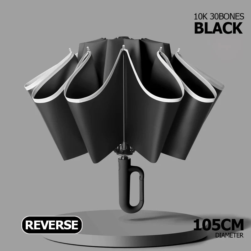 Auto Reverse-Folding Umbrella with Reflective Stripe & Carabiner Handle