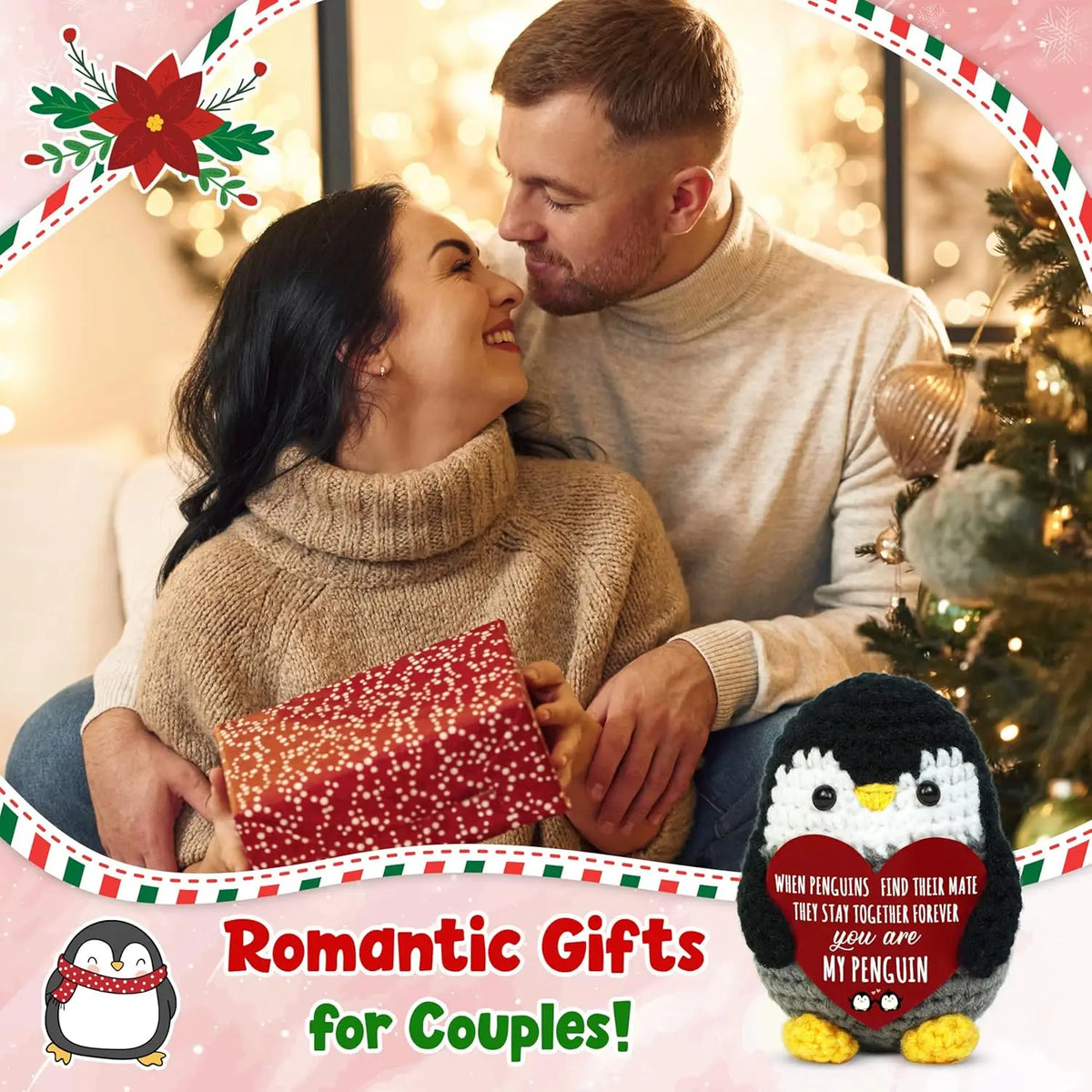 A couple is shown opening a red gift box, with a handmade knitted penguin doll nearby.