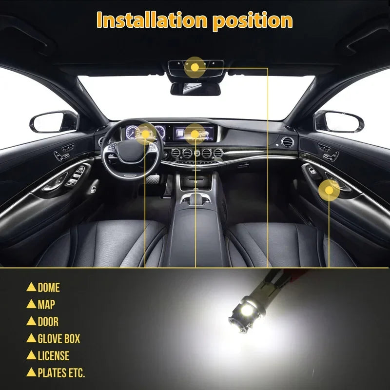 Diagram showing installation positions for various car interior LED lights including dome, map, door, glove box, license plat