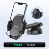 A black universal gravity car phone holder with a suction mount is shown, featuring a padded grip and a clamp mechanism.