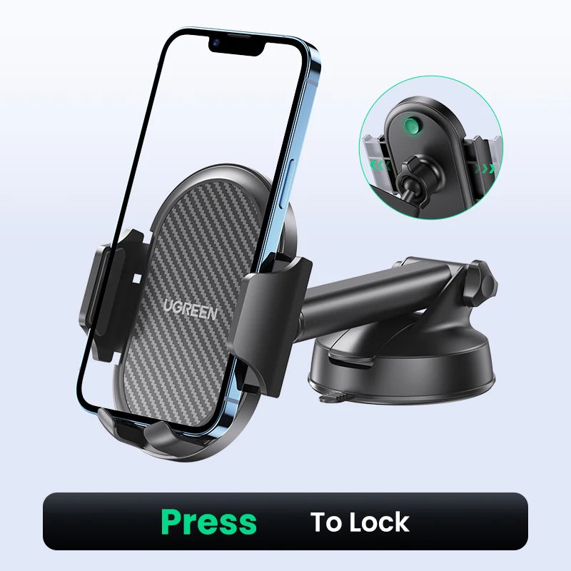 A black universal gravity car phone holder with a suction mount is shown, featuring a padded grip and a clamp mechanism.