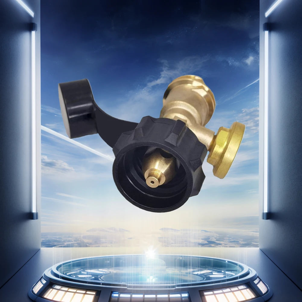 A digital propane tank gauge with a leak detector is shown floating in a bright, futuristic display box.