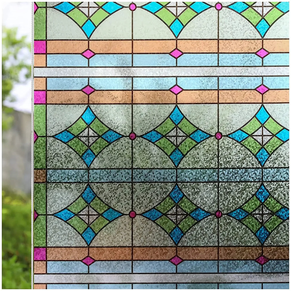 Frosted stripe privacy window film featuring geometric patterns in teal, pink, and brown tones.
