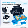 A blue portable kids lunch box with seven partitioned compartments and various silicone sealing features.
