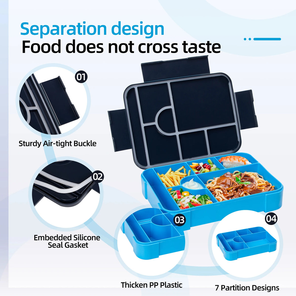 A blue portable kids lunch box with seven partitioned compartments and various silicone sealing features.