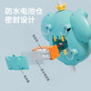 A light blue elephant-shaped water spray bath toy for kids, showing the design for waterproof battery sealing.