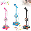 A colorful kids karaoke microphone stand with a built-in speaker and multiple colored light pads.