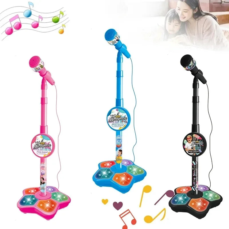 A colorful kids karaoke microphone stand with a built-in speaker and multiple colored light pads.