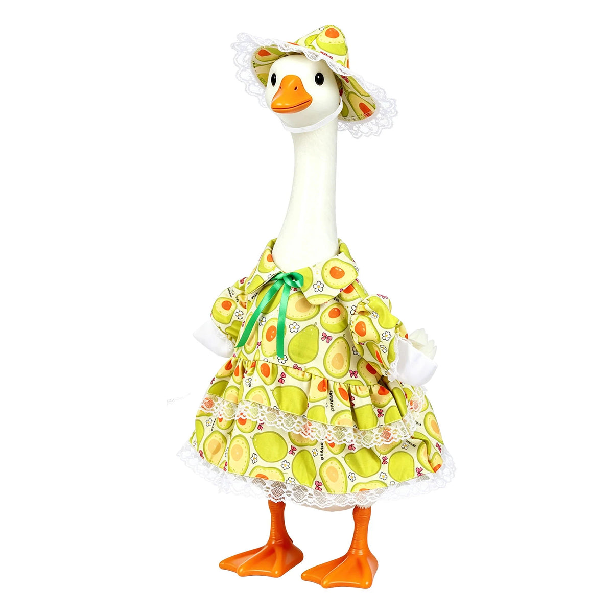A white goose costume featuring a yellow patterned dress and a matching sun hat.