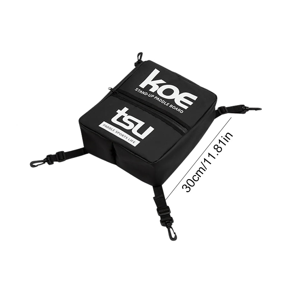 Black paddle board deck bag with TPU lining and carrying straps