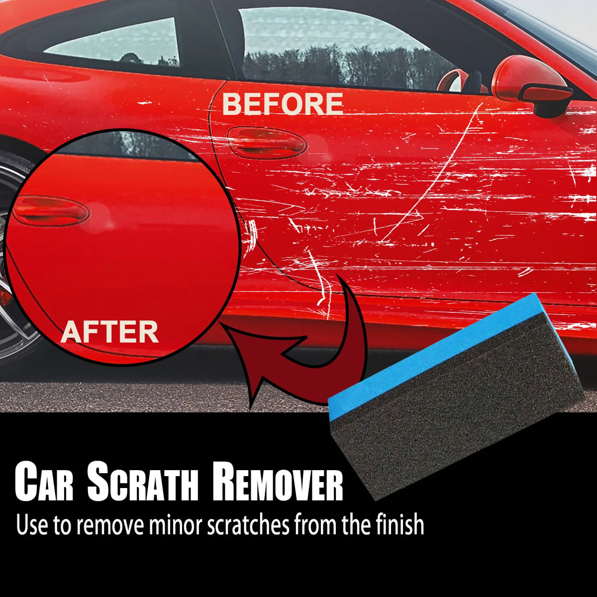 A red car surface showing before and after scratch removal using a black and blue paint repair kit.