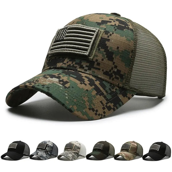 A camouflage baseball cap featuring a US flag design on the front panel.