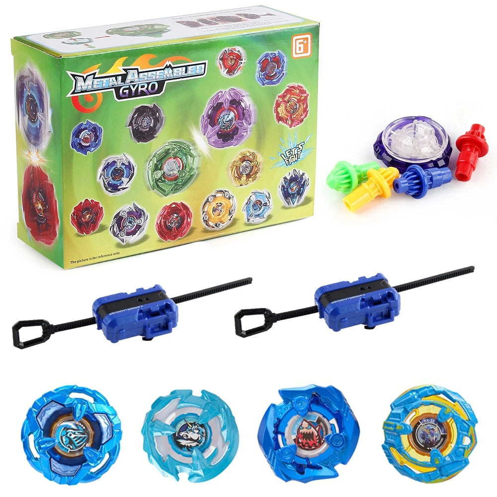 Metal Assemble Gyro spinning top battle set with various colored tops and launchers