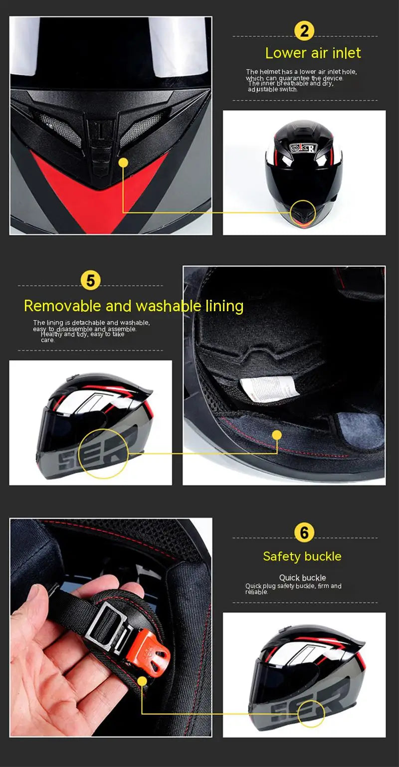 A black full-face motorcycle helmet showing various features including the air inlet, removable lining, and safety buckle.