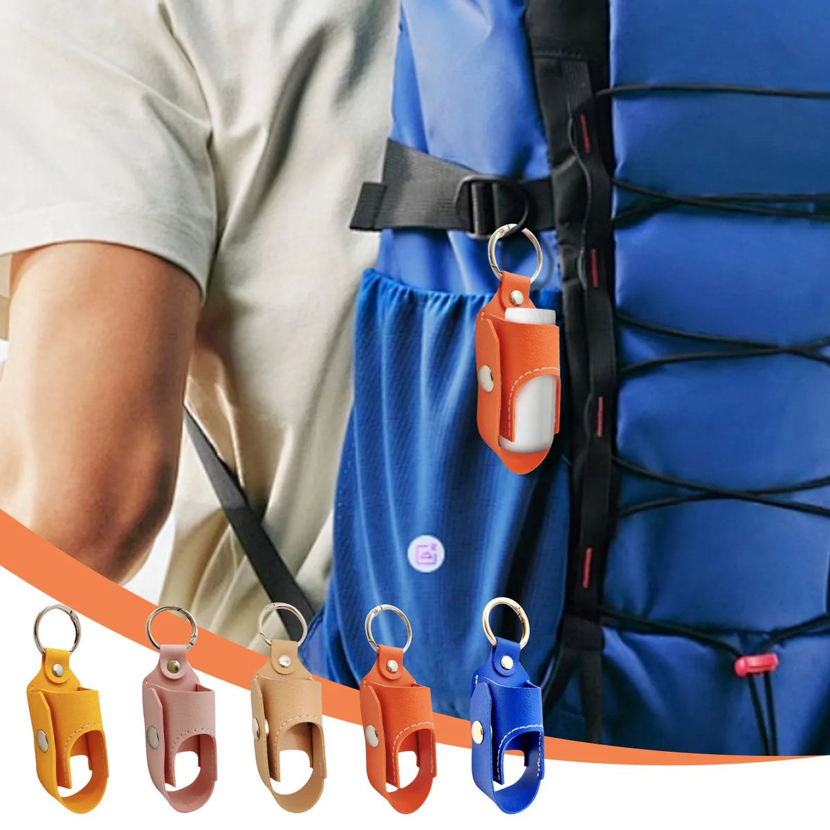 Various colored protective PU leather inhaler cases with keychains shown next to a blue medical vest.