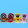 Four plush robot outfits in brown, red, yellow, and pink colors displayed against a light blue background.