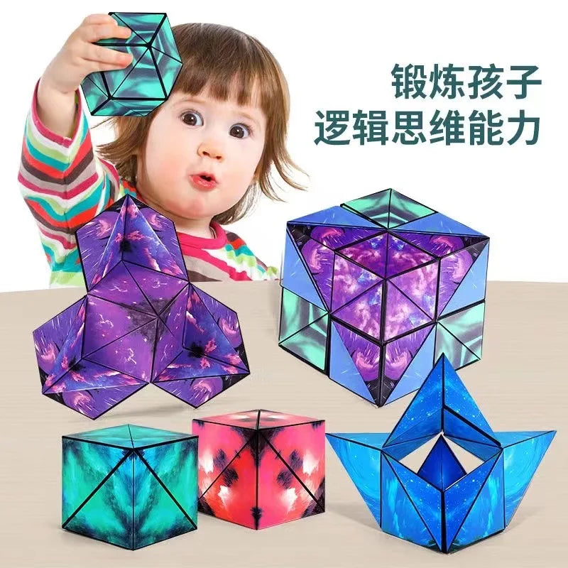 A child holds a purple magnetic geometry cube puzzle, with several finished cubes of various colors displayed nearby.