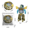 A fidget toy shaped like a robot with rotating features and deformation capabilities, shown in various sizes.