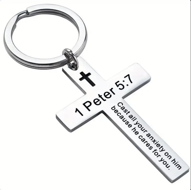 Stainless Steel Cross Keychain with Scripture